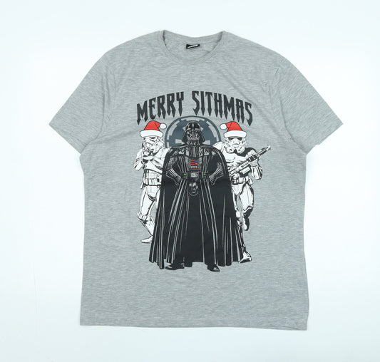 Star Wars Mens Grey Cotton T-Shirt Size L Crew Neck - Logo - Merry Sithmas