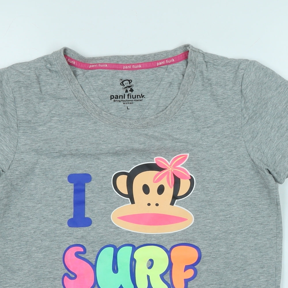Pani Fiunk Womens Grey Cotton Basic T-Shirt Size L Crew Neck - Logo - I Surf