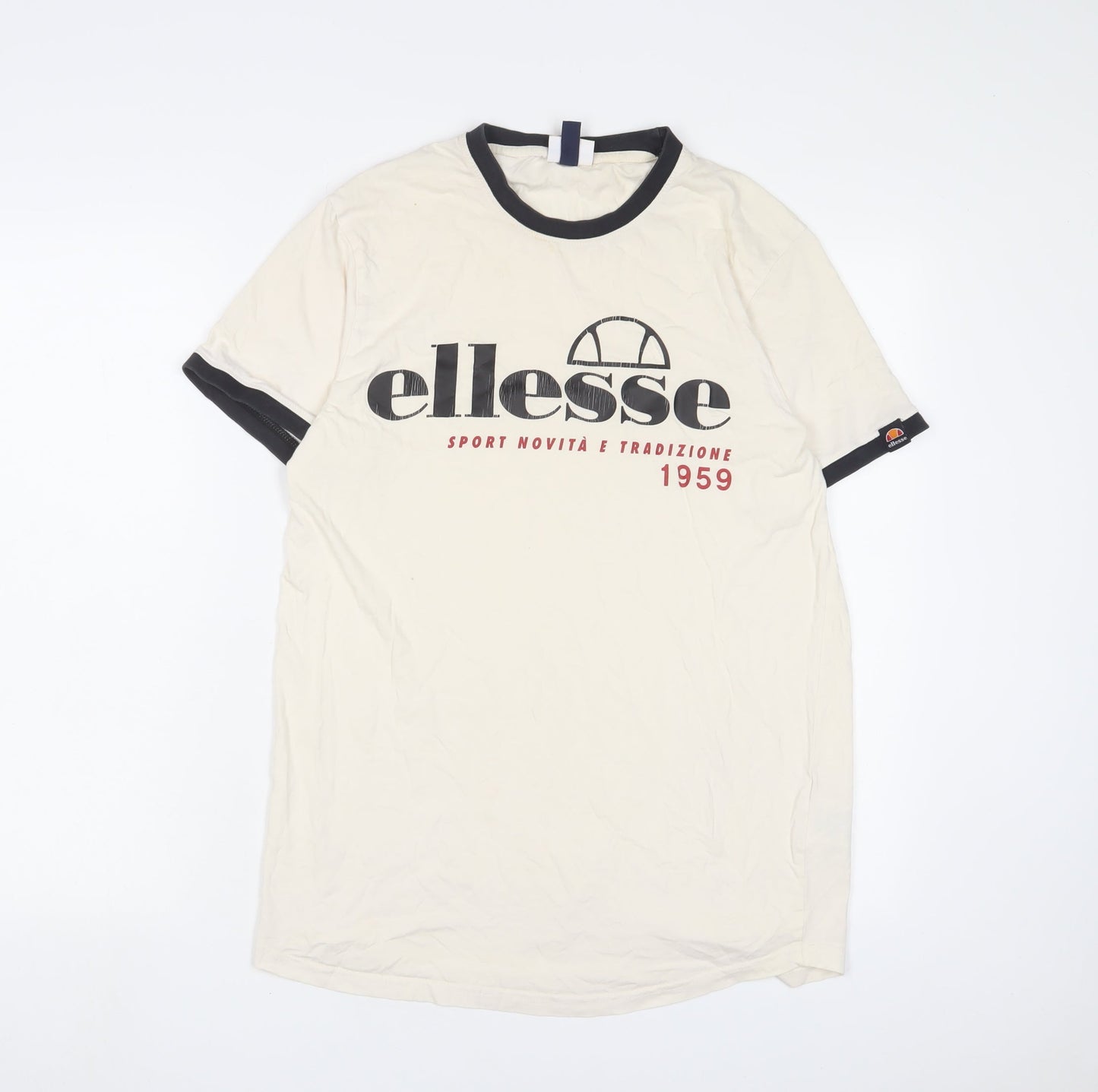 ellesse Mens Beige Cotton T-Shirt Size S Crew Neck - Logo