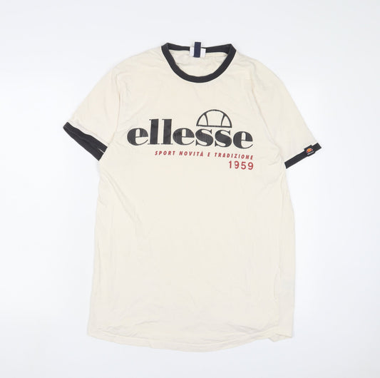 ellesse Mens Beige Cotton T-Shirt Size S Crew Neck - Logo