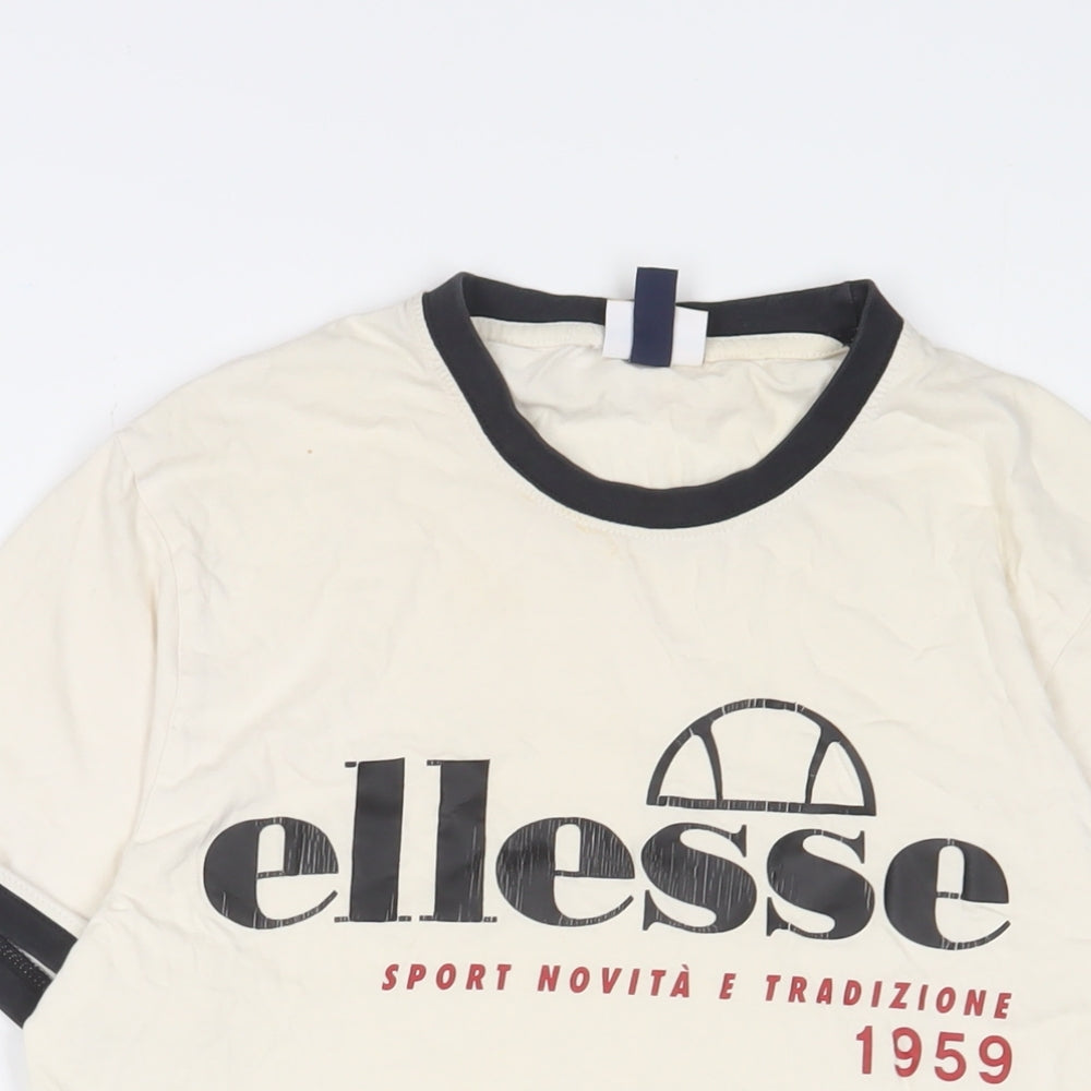 ellesse Mens Beige Cotton T-Shirt Size S Crew Neck - Logo