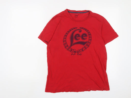 Lee Mens Red Cotton T-Shirt Size S Crew Neck - Logo