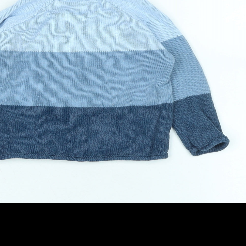 Brand and care label for Next boys’ blue cotton jumper, size 6-9, months - fluffy teddy bear