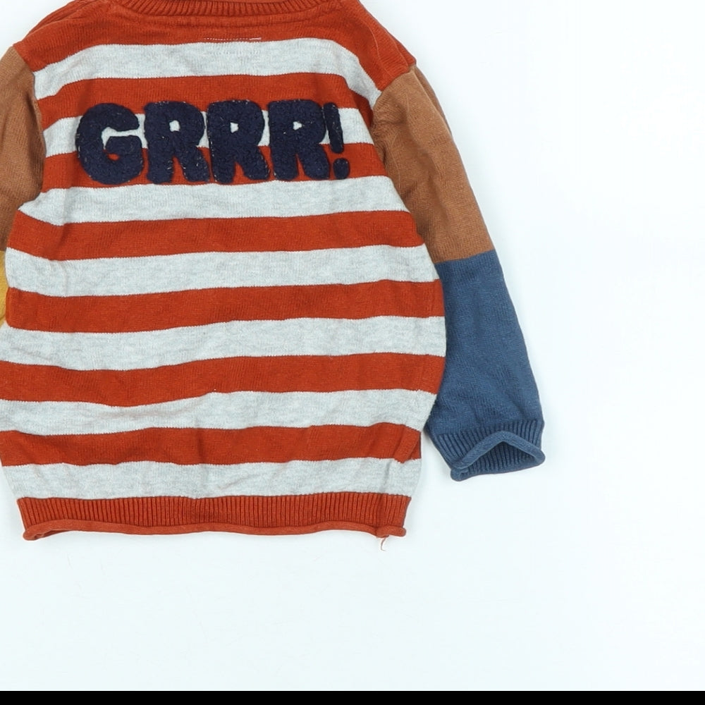 Brand and care label for Next boys’ brown cotton jumper, size 6-9, months - logo -lion