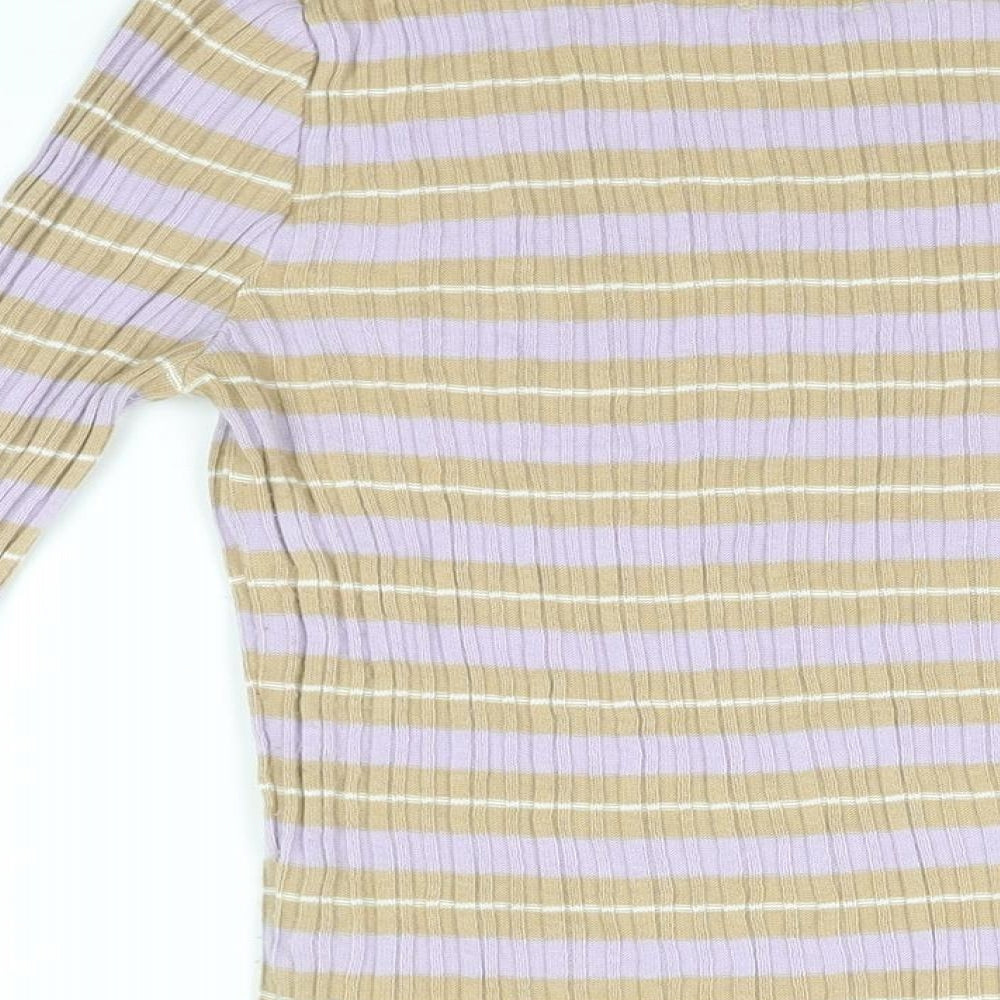Brand and care label for ASOS women’s beige striped acrylic basic t-shirt, size UK 14, round neck