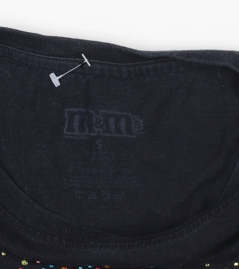 Close-up detail of M&M's Black Beaded T-Shirt S unisex casual