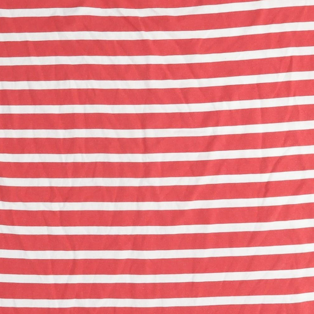 Brand and care label for b.young women’s red striped cotton basic t-shirt, size L, crew neck