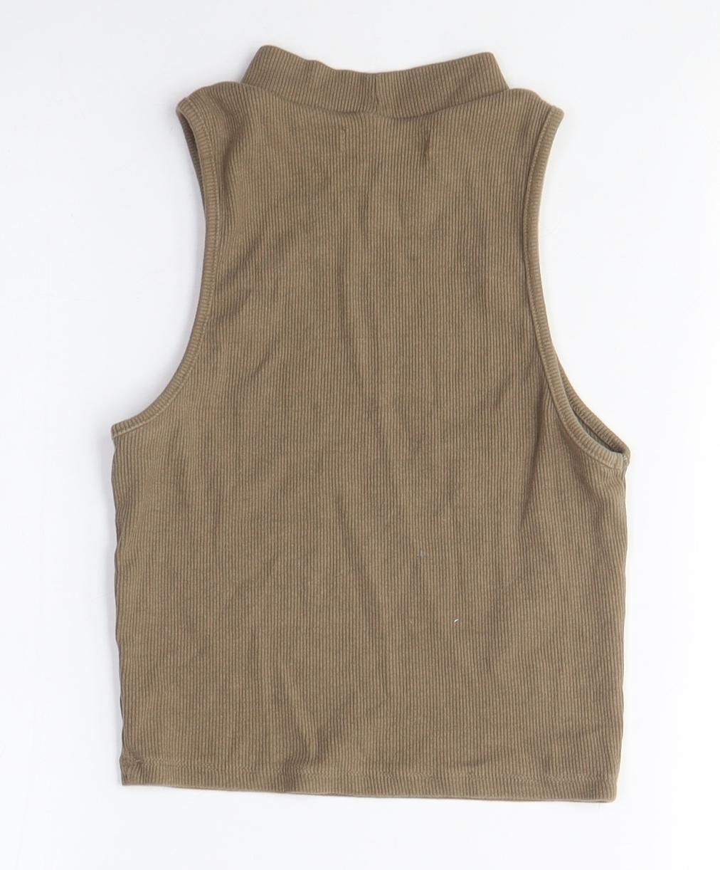 Pull&Bear Womens Brown Cotton Cropped Tank Size M Crew Neck