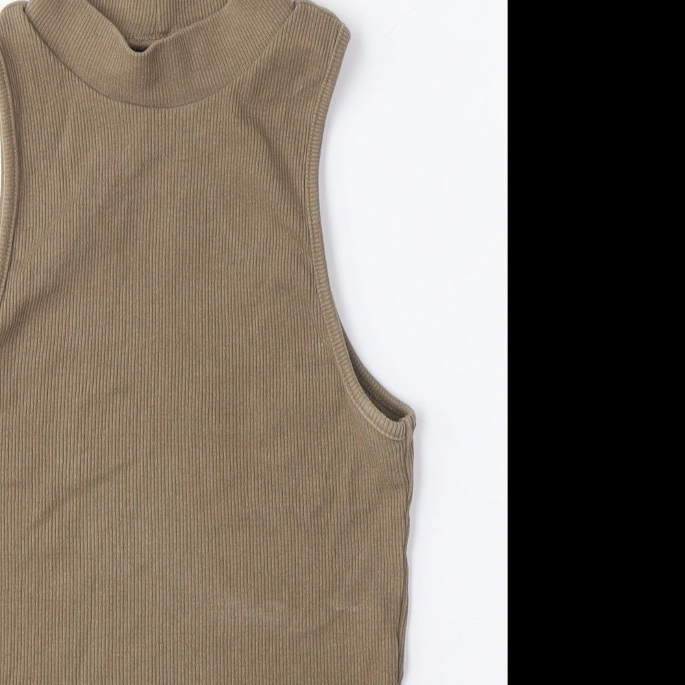 Pull&Bear Womens Brown Cotton Cropped Tank Size M Crew Neck