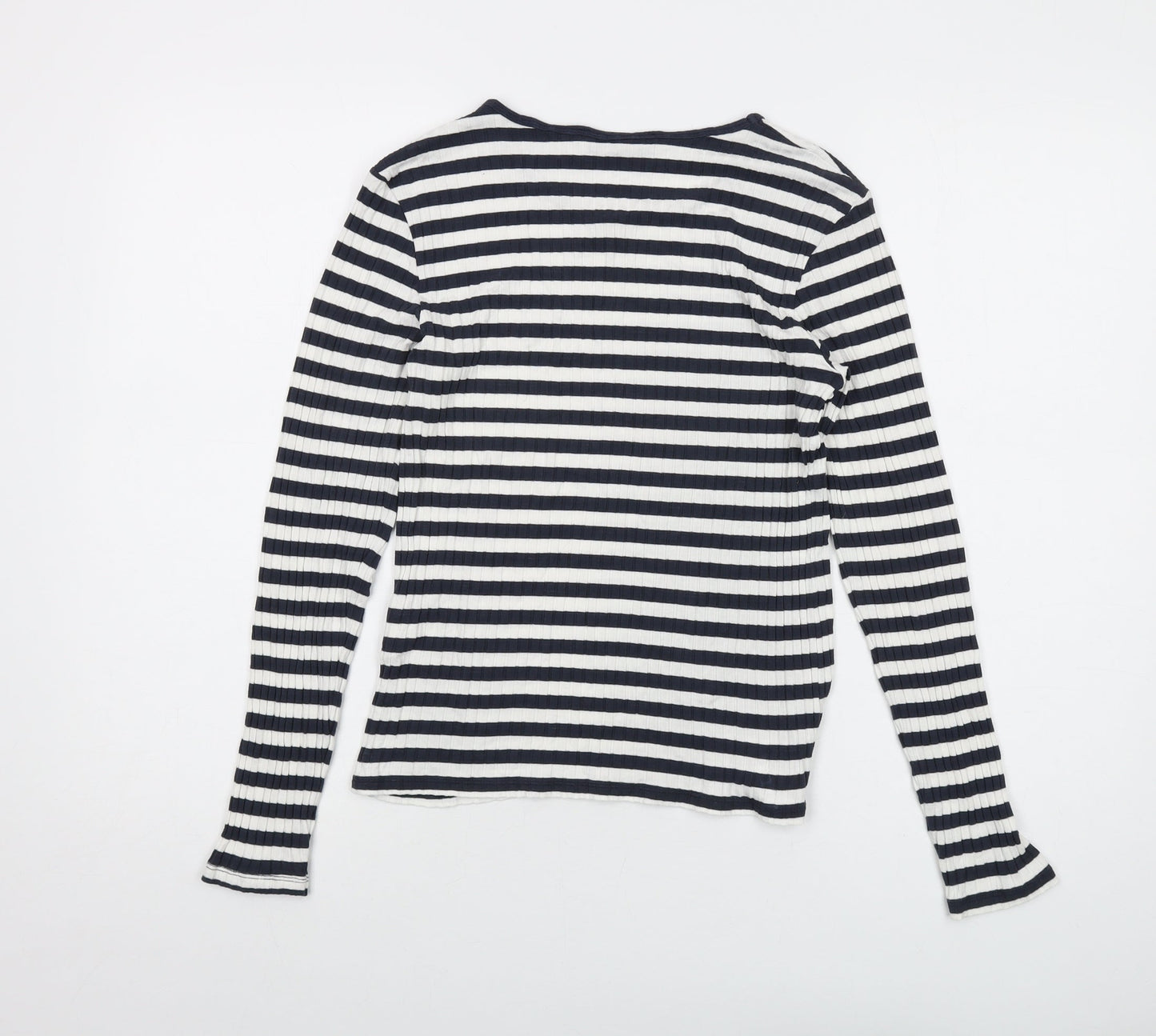 Tif Taffy Womens Blue Striped Viscose Basic T-Shirt Size L Round Neck