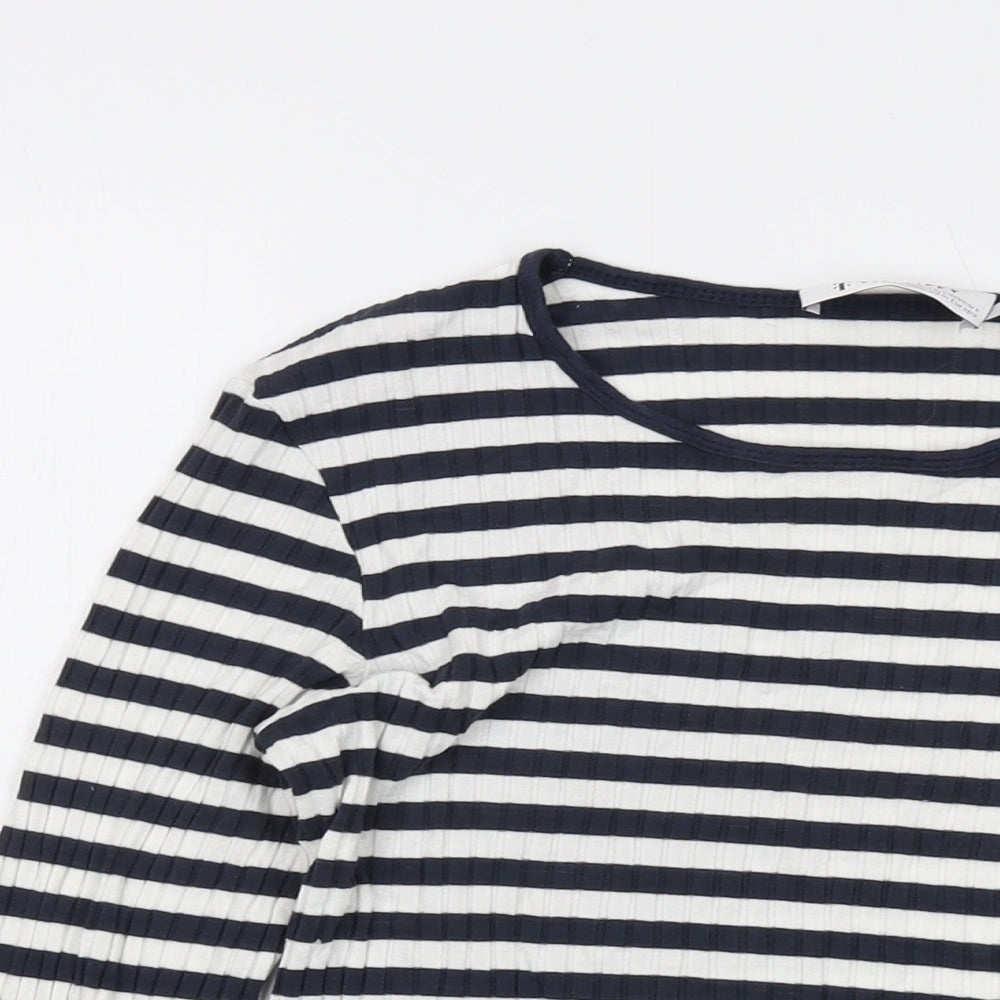 Tif Taffy Womens Blue Striped Viscose Basic T-Shirt Size L Round Neck