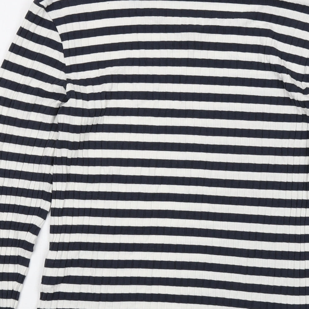 Tif Taffy Womens Blue Striped Viscose Basic T-Shirt Size L Round Neck