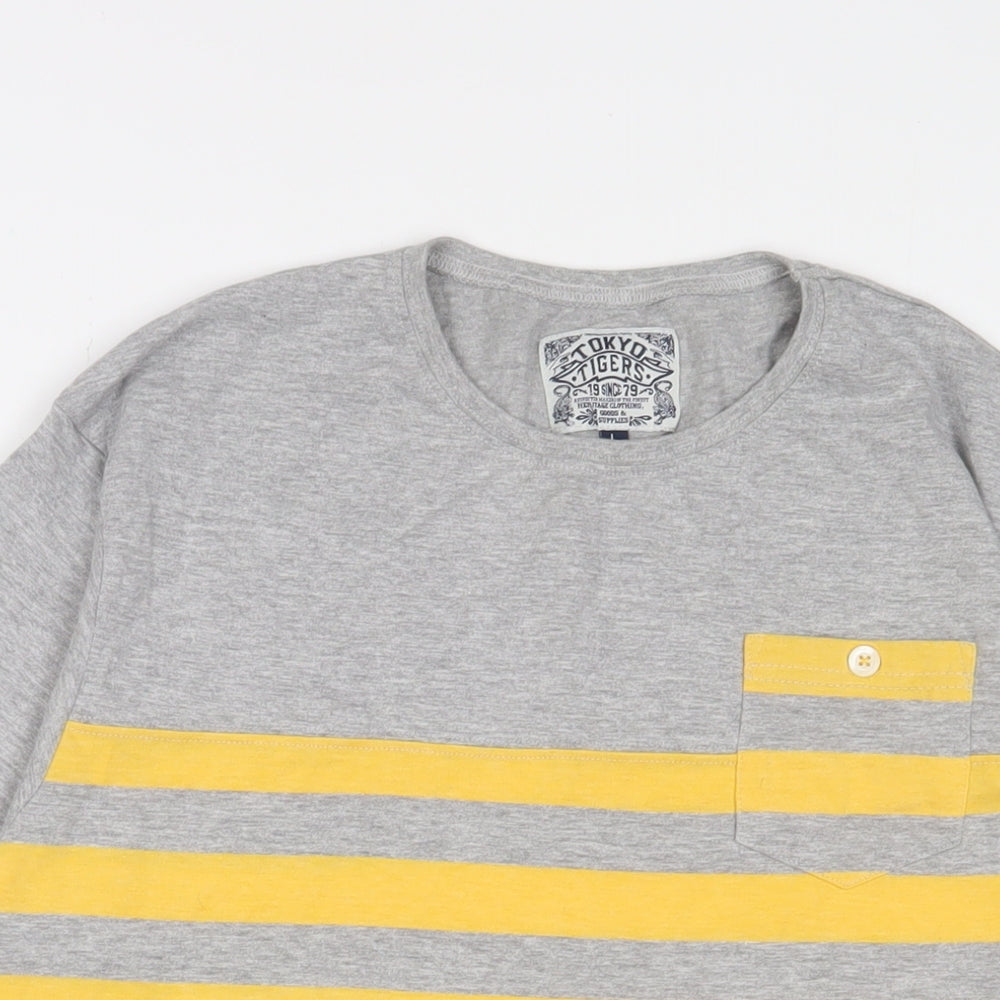 Tokyo Tigers Womens Grey Striped Cotton Basic T-Shirt Size L Crew Neck - Embroidered