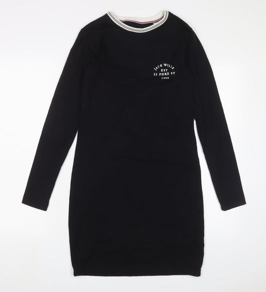 Jack Wills Womens Black Cotton A-Line Size 8 Crew Neck Pullover - Logo, Embroidered
