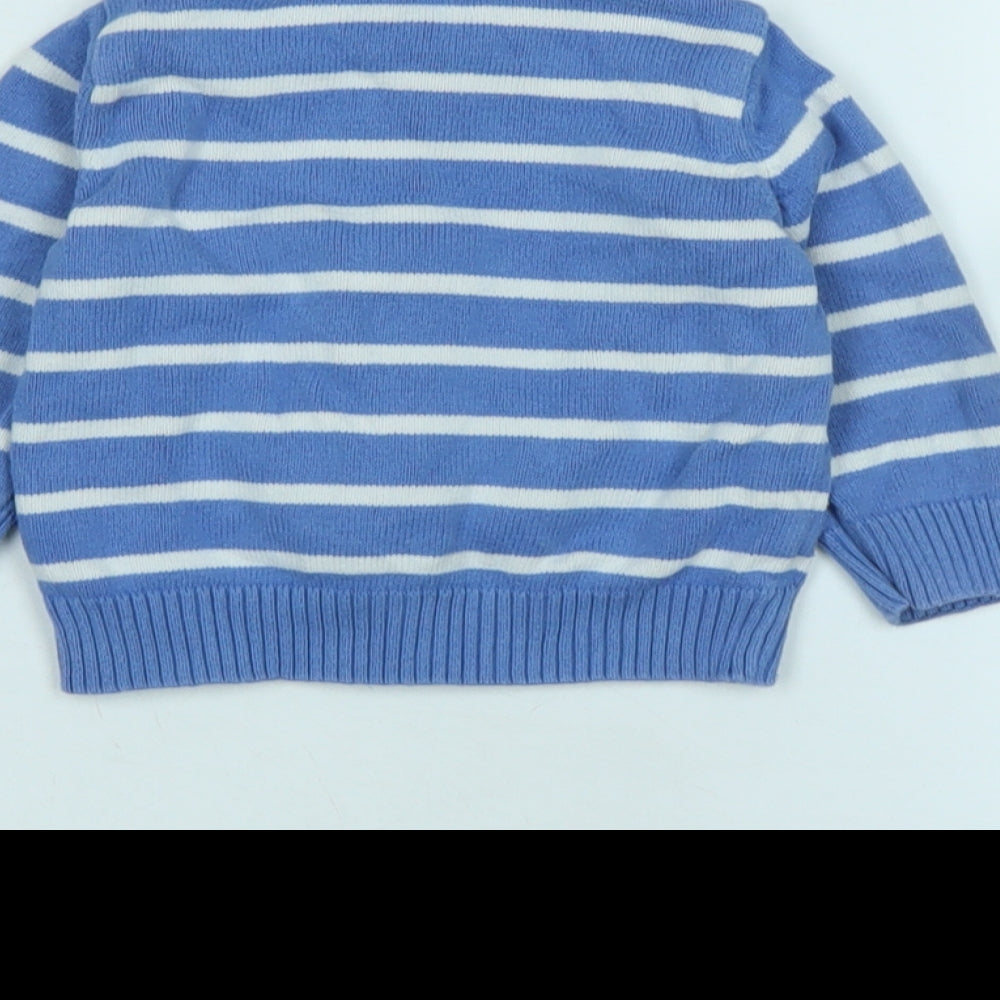 Brand and care label for Mothercare boys’ blue jacket, size 6-9, months zip