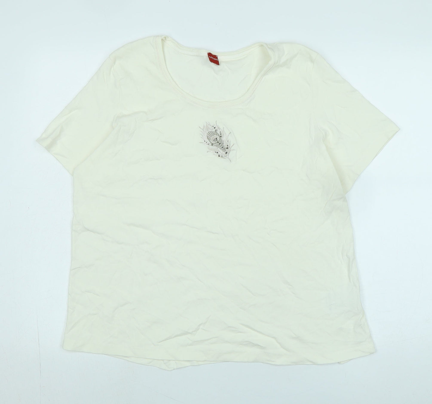 Olsen Womens Ivory Cotton Basic T-Shirt Size M Scoop Neck - Logo