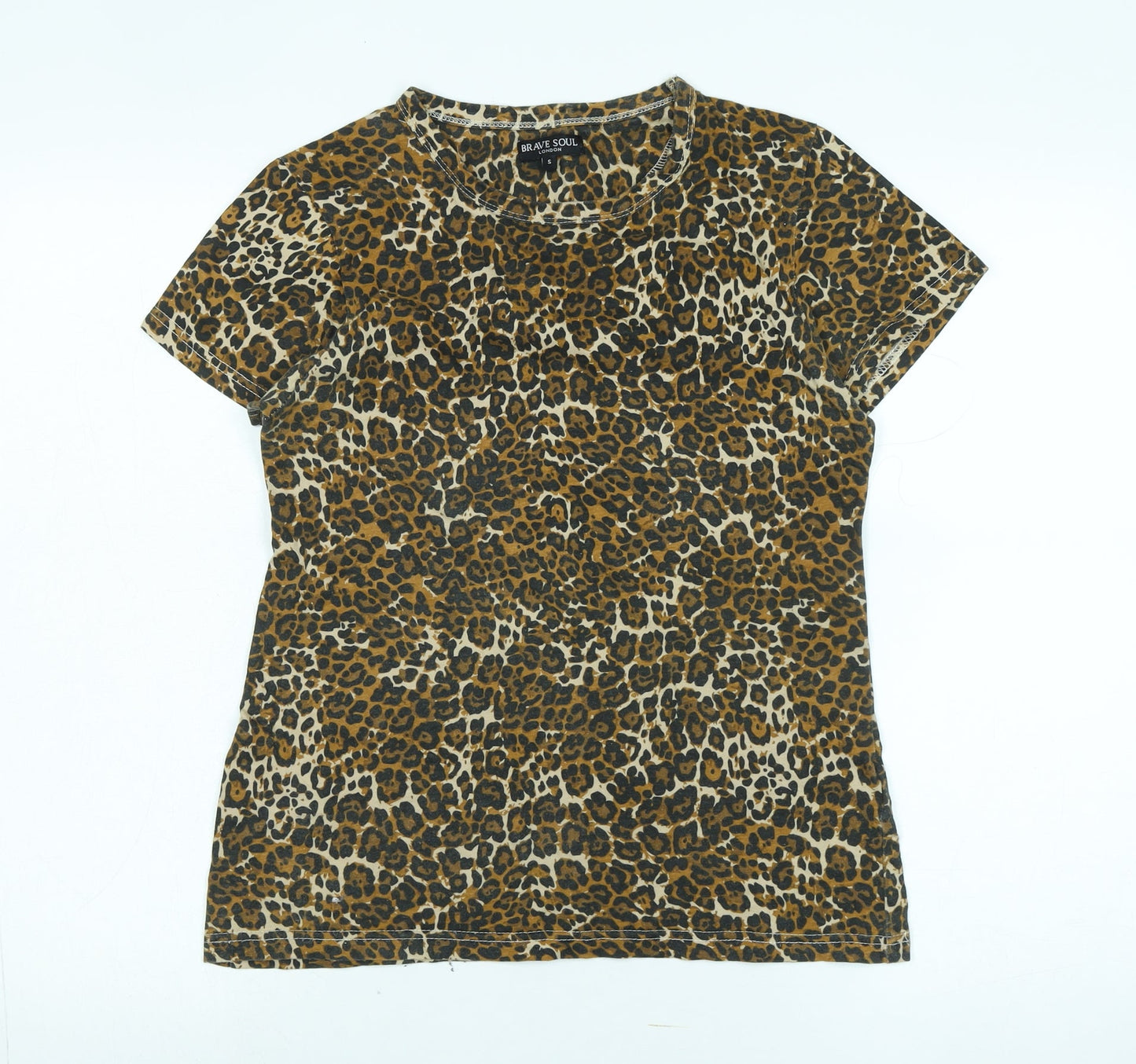 Brave Soul Womens Multicoloured Animal Print Cotton Basic T-Shirt Size S Crew Neck - Logo