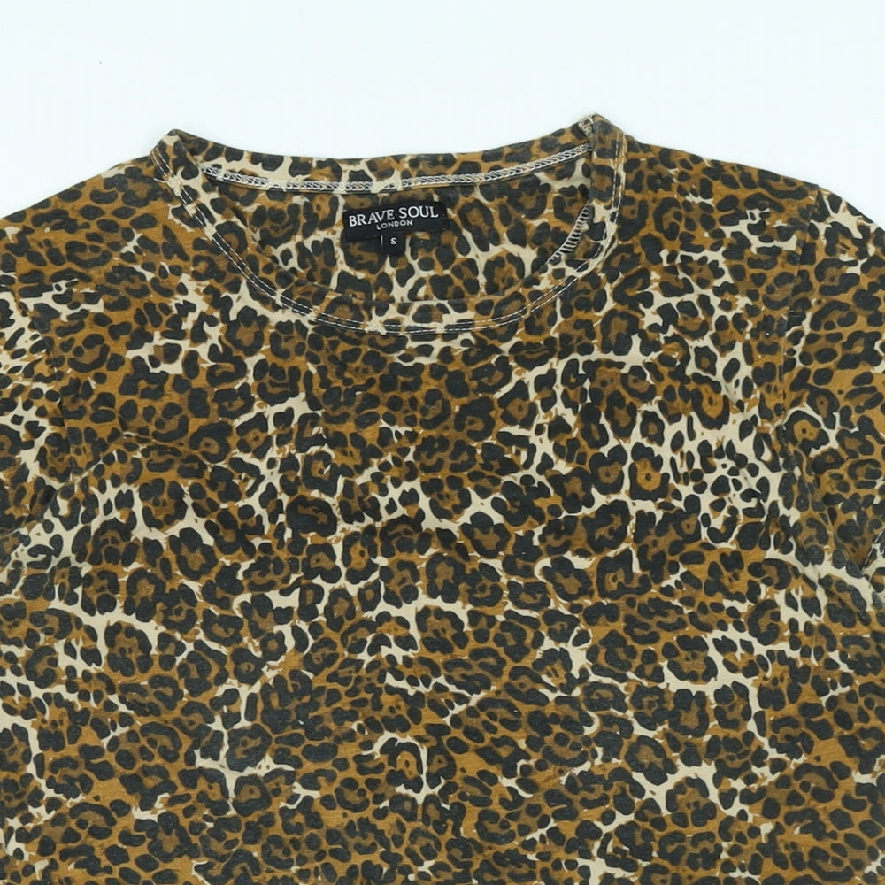 Brave Soul Womens Multicoloured Animal Print Cotton Basic T-Shirt Size S Crew Neck - Logo