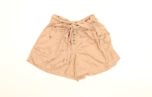 Additional front view of French Connection women’s pink cotton paperbag shorts, size UK 6, 5-inch leg regular button - belted