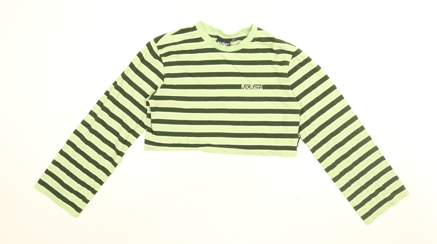 Kickers Womens Green Striped Cotton Cropped T-Shirt Size M Round Neck