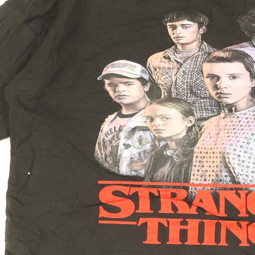 Brand and care label for Stranger Things girls’ black cotton basic t-shirt, years round neck pullover - stranger things