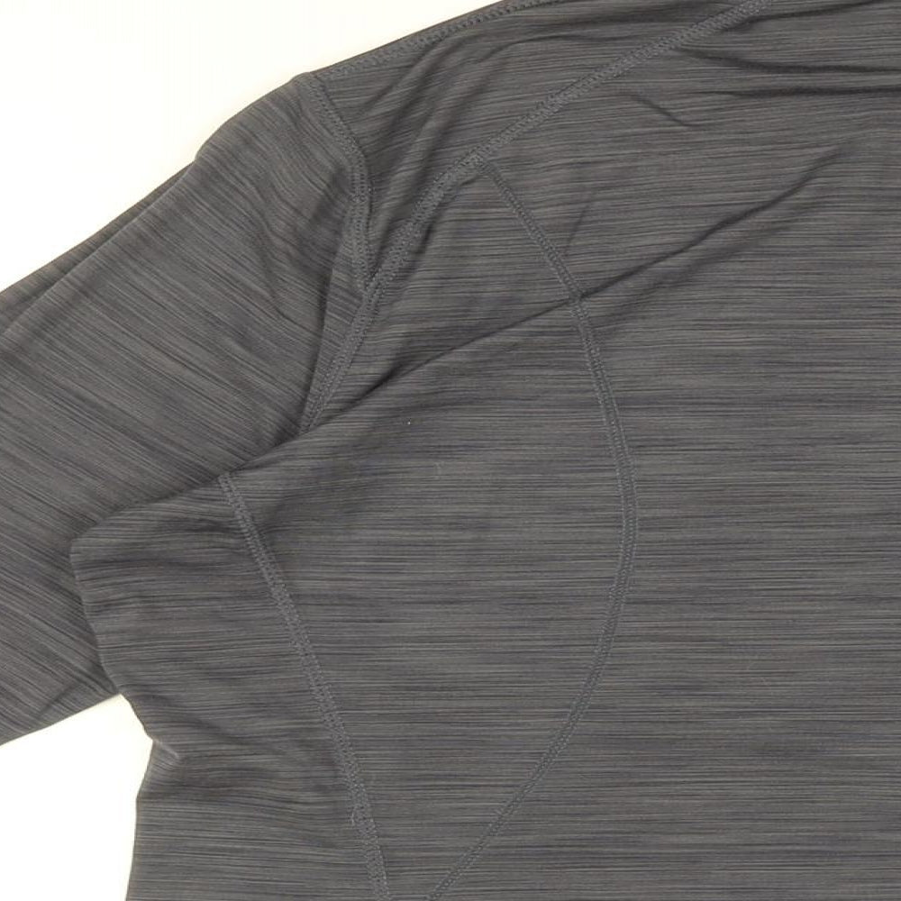 Brand and care label for Kirkland women’s grey polyester basic t-shirt, size L, high neck