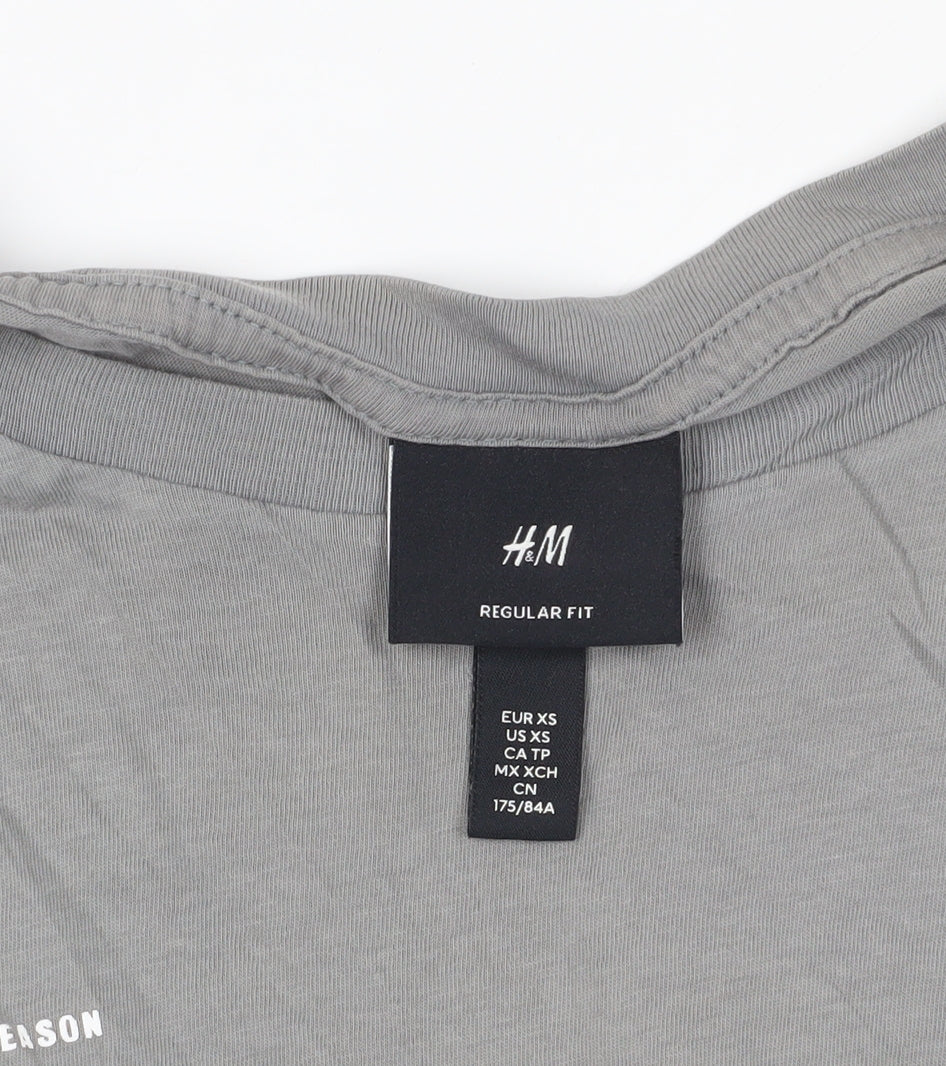 Brand and care label for H&M Grey Cotton T-Shirt XS Regular Fit Crew Neck