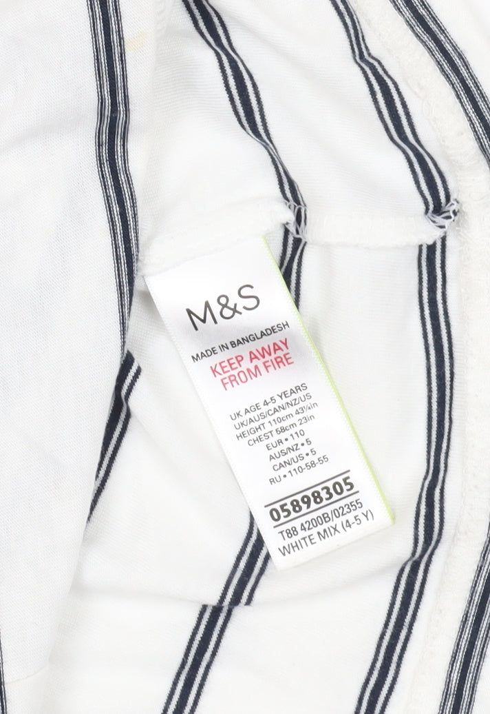 Brand and care label for Marks & Spencer girls’ white striped snowman t-shirt 4-5y