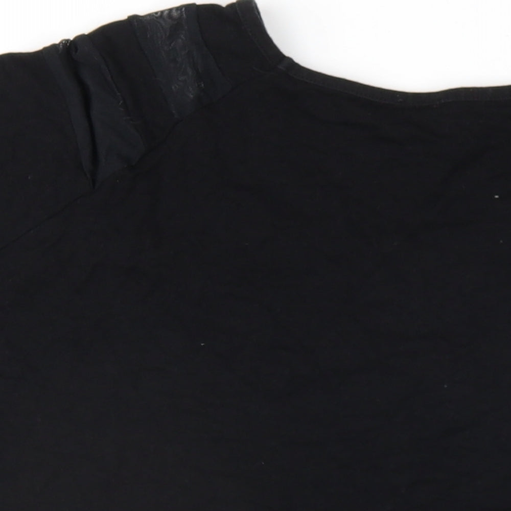Brand and care label for ASOS women’s black viscose basic t-shirt, size UK 14, v-neck