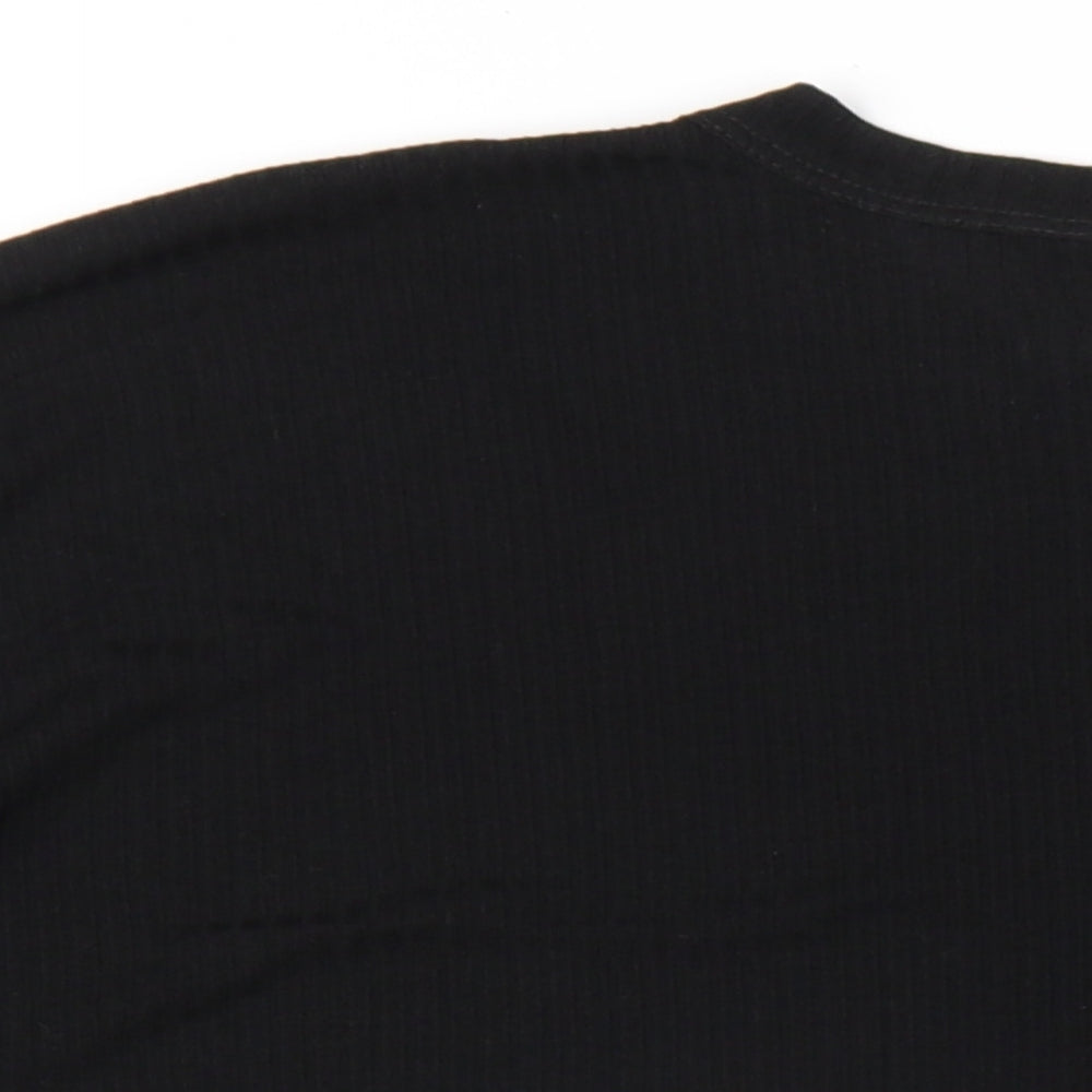 Brand and care label for ASOS women’s black polyester basic t-shirt, size UK 10, round neck - side slits