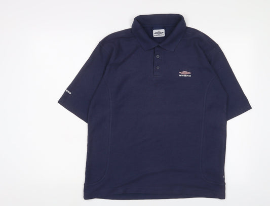 Umbro Mens Blue Cotton Polo Size L Collared Button - Logo, Embroidered