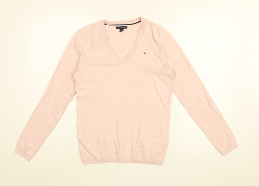Tommy Hilfiger Womens Pink V-Neck Cotton Pullover Jumper Size S