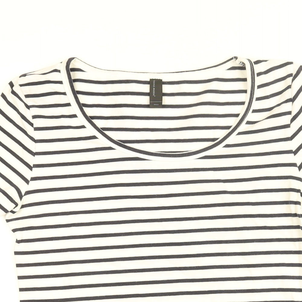 VERO MODA Womens White Striped Cotton Basic T-Shirt Size S Round Neck