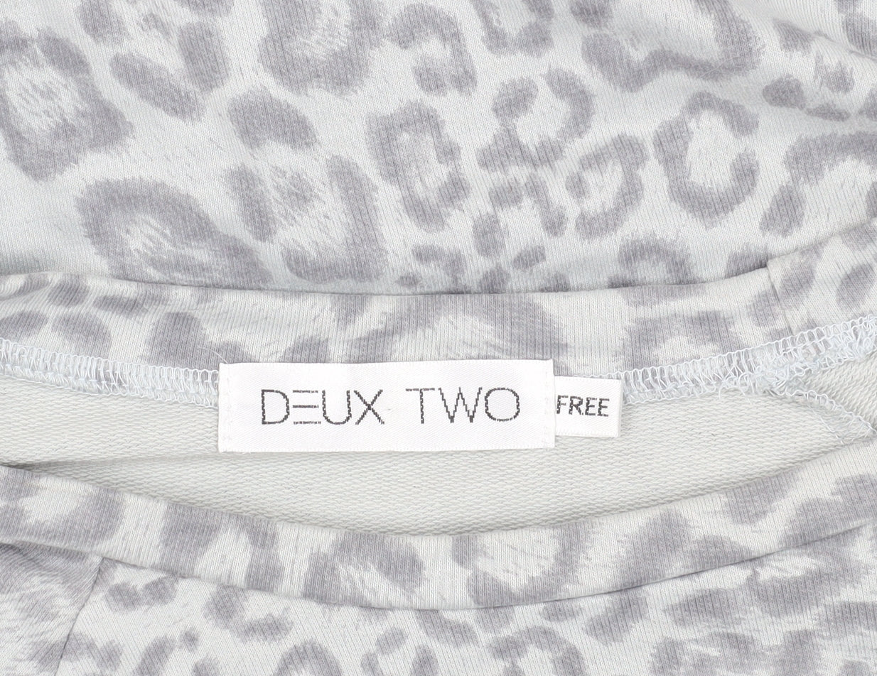 Brand and care label for Deux Two Grey Animal Print Sweatshirt, One Size, Zip Accent