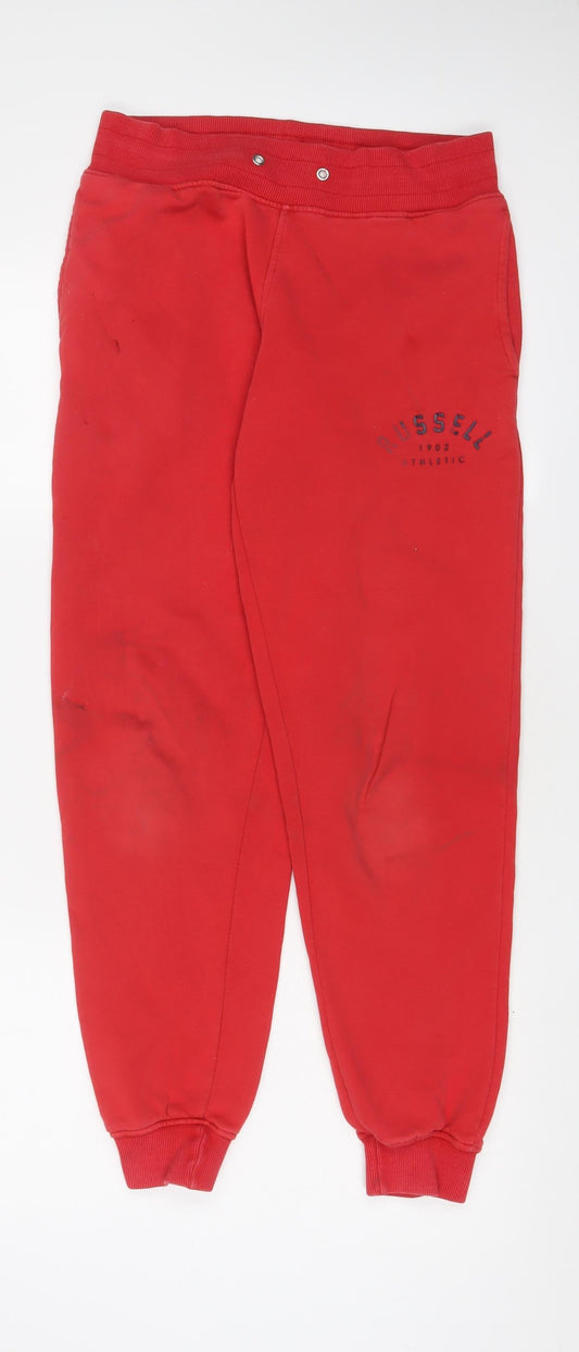 Russell Athletic Mens Red Cotton Jogger Trousers Size S L30 in Regular Drawstring - Logo