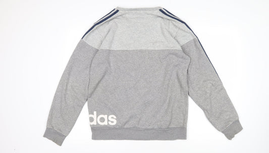 Back view of Addidas men’s grey polyester pullover sweatshirt, size M, - addidas logo