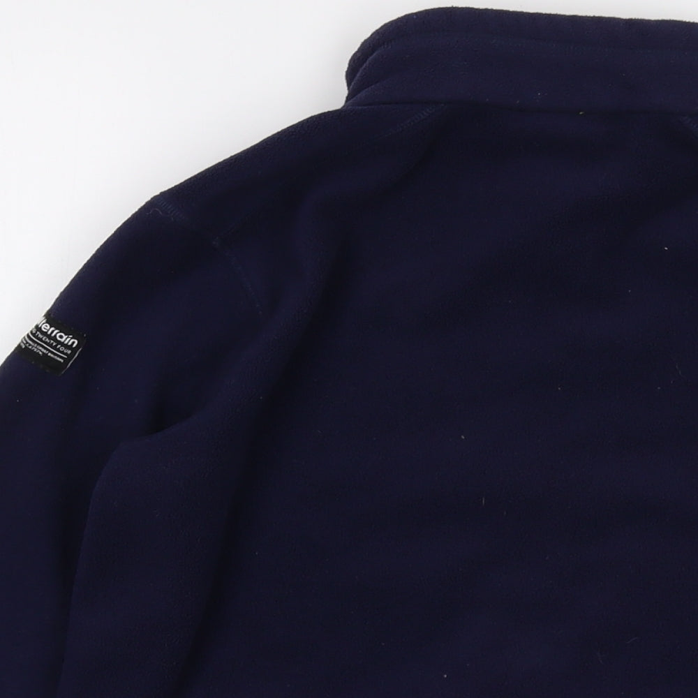 Brand and care label for All Terrain boys’ blue jacket, size 11-12, years zip