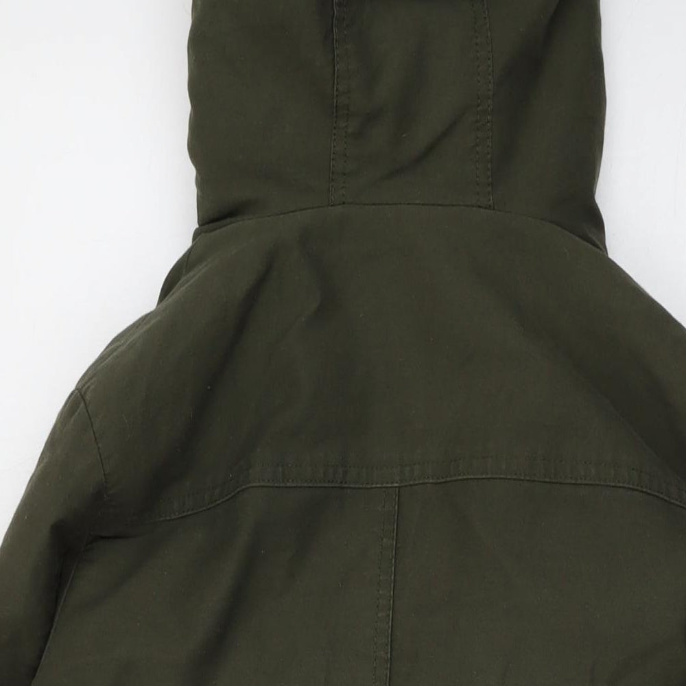 Brand and care label for MODO women’s green parka coat, size UK 6, zip