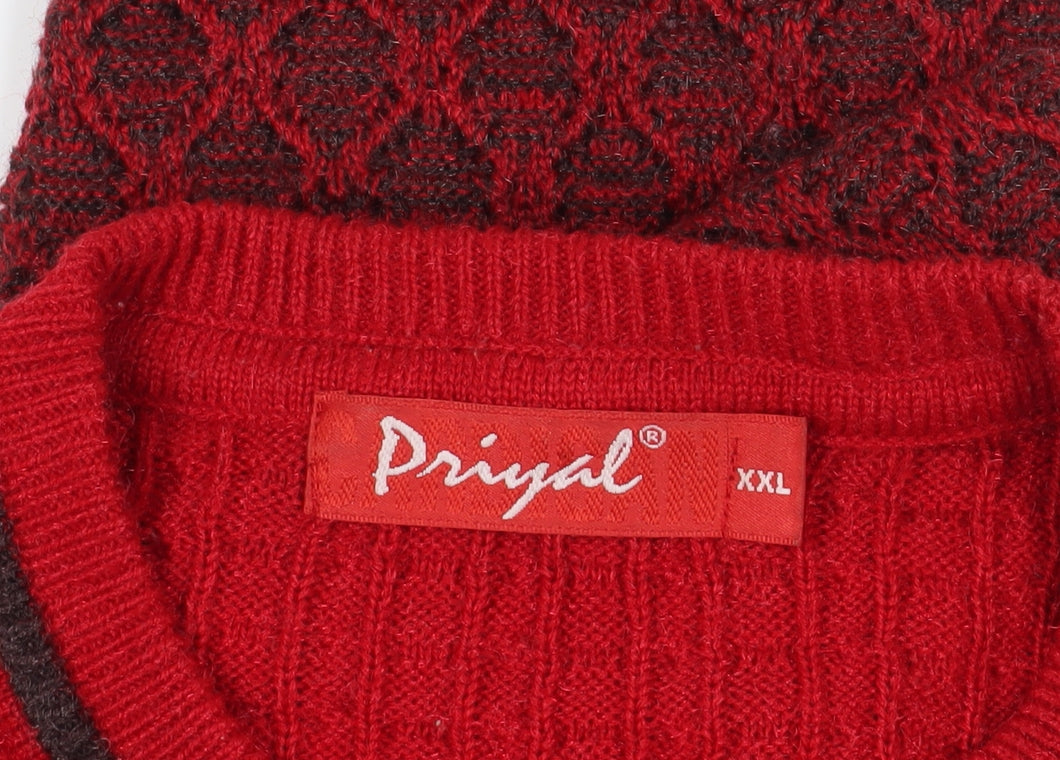 Close-up detail of Priyal Red Wool Cardigan 2XL with Geometric Patterns