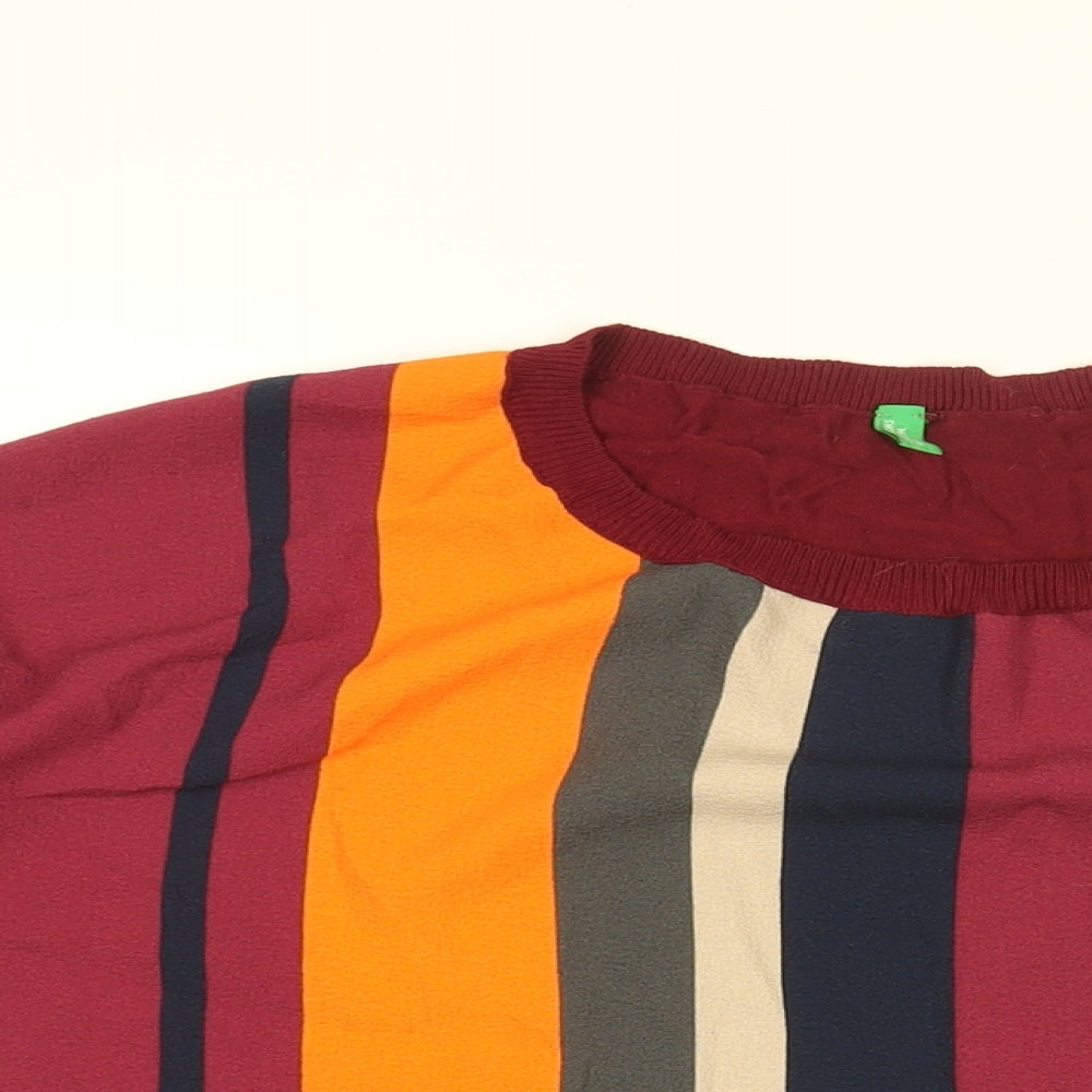 United Colors of Benetton Womens Red Striped Polyester Basic Blouse Size M Round Neck