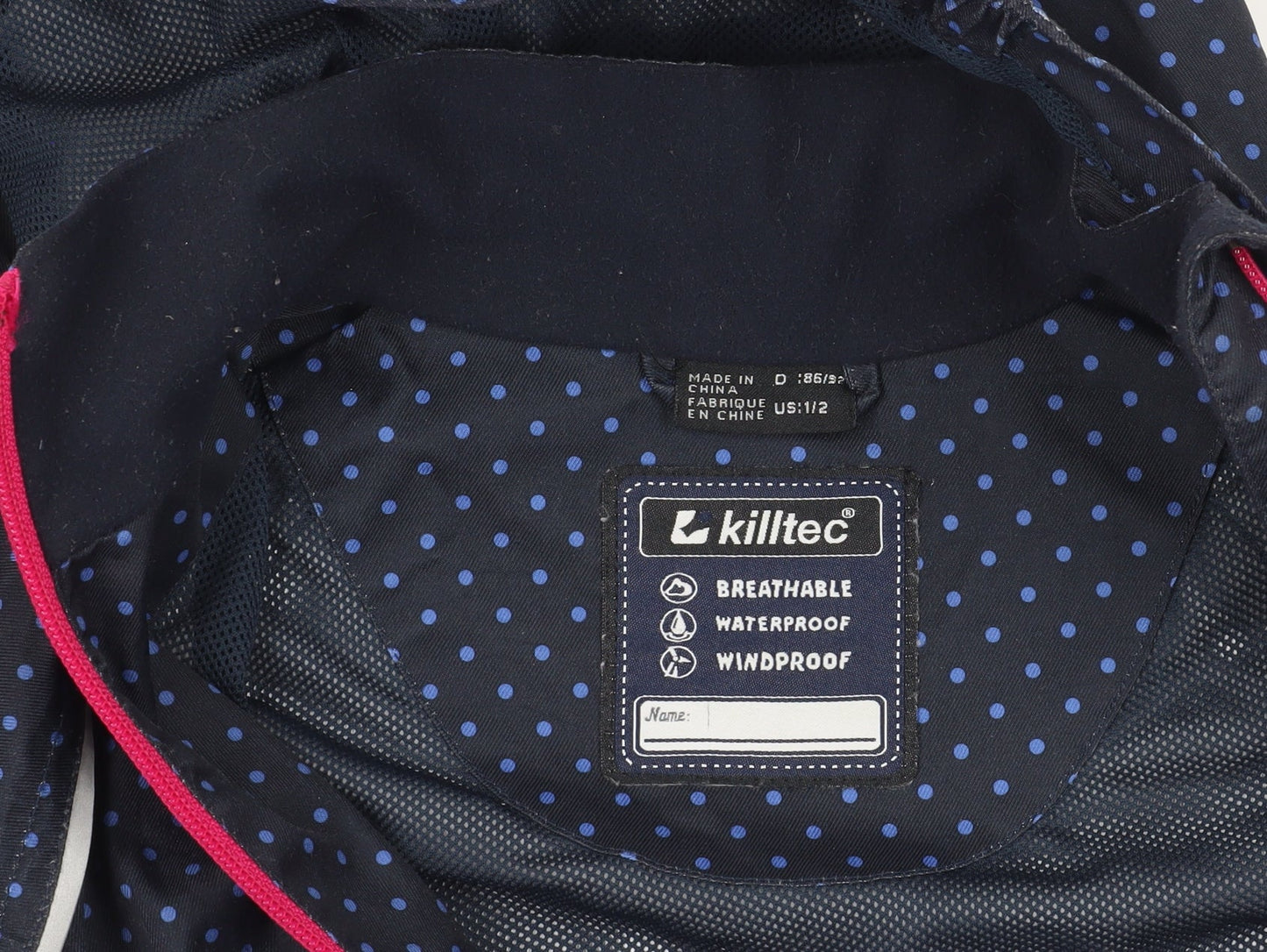Brand and care label for Killtec Blue Polka Dot girls’ rain coat, 2 years, waterproof