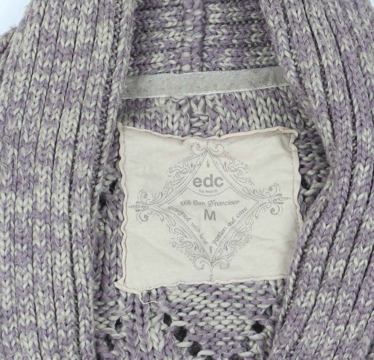 Brand and care label for ESPRIT Grey Wool Cardigan Medium Open-Knit