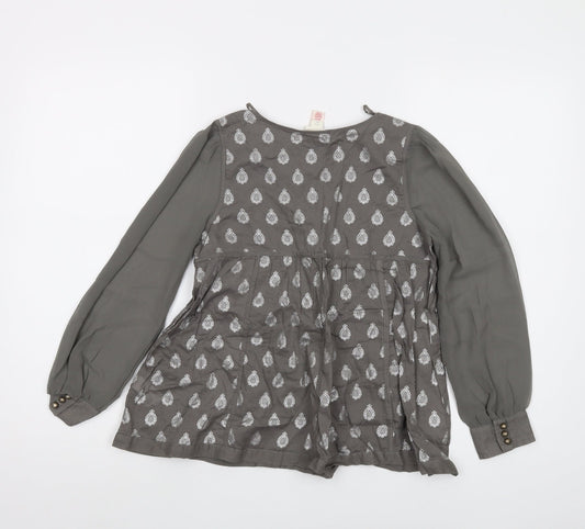 Monsoon Girls Grey Geometric Cotton Basic Blouse Size 10-11 Years V-Neck Button