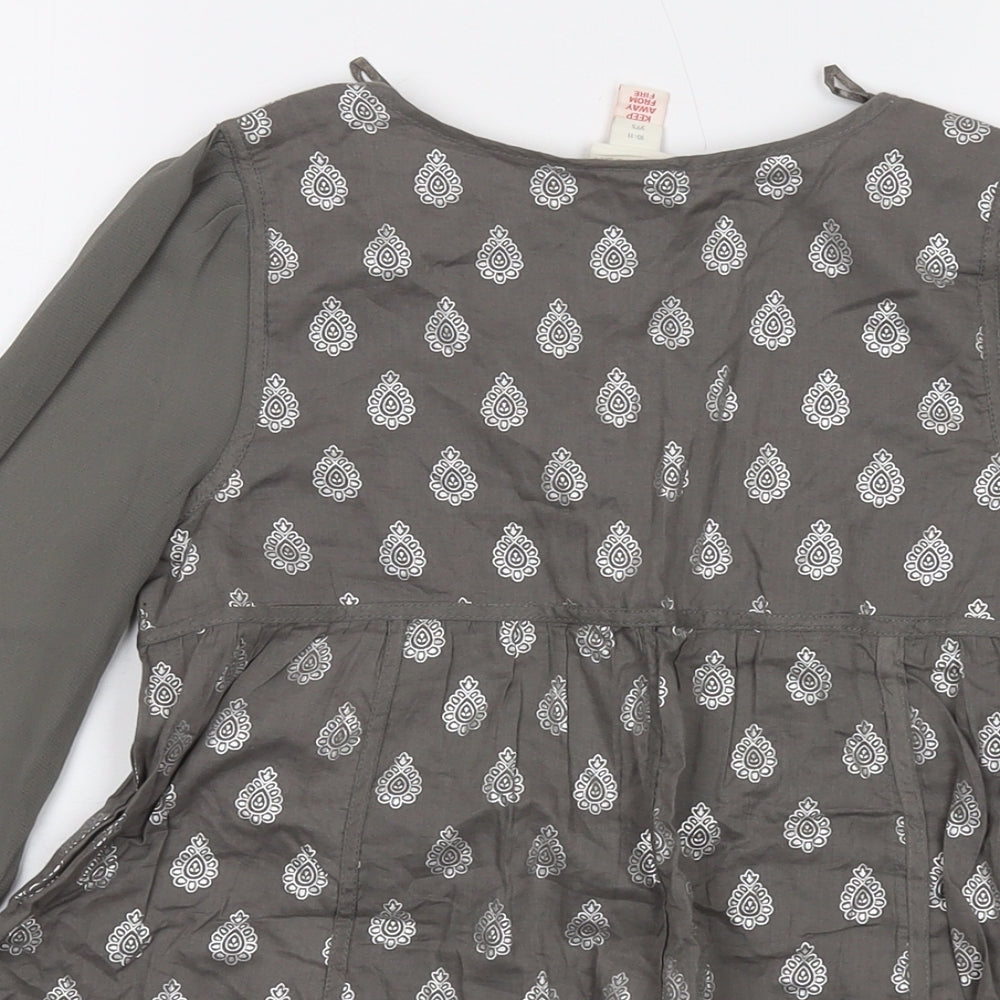 Brand and care label for Monsoon girls’ grey geometric cotton basic blouse, size 10-11, years v-neck button