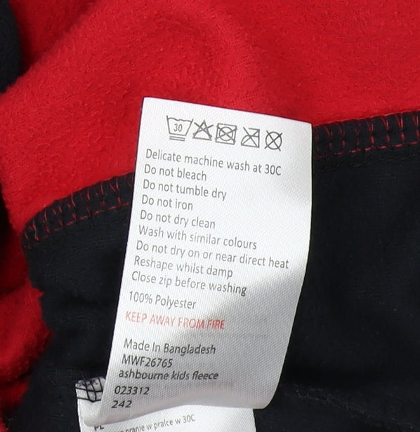 Brand and care label for Mountain Warehouse boys’ red fleece zip sweatshirt 9-10 years outdoor