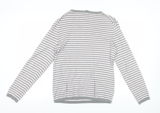 Gap Women's Grey Striped V-Neck Jumper L