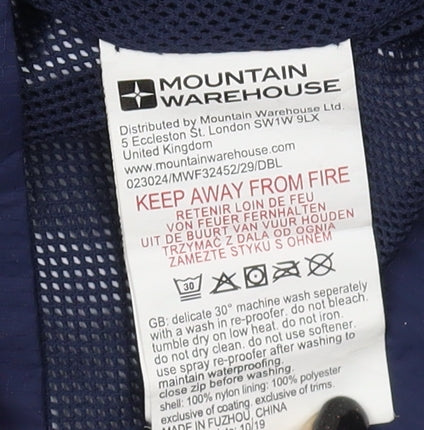 Brand and care label for Mountain Warehouse boys’ blue windbreaker jacket 11-12 years