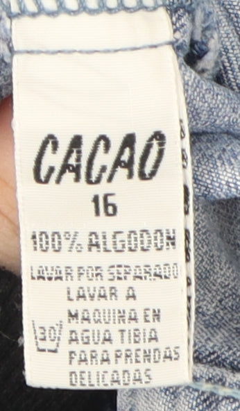 Brand and care label for Cacao girls’ blue denim jacket, size 16, embroidered fringed
