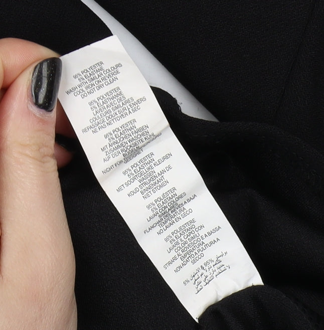 Brand and care label for I Saw It First Women's Black Off-Shoulder Shift Dress, size 10
