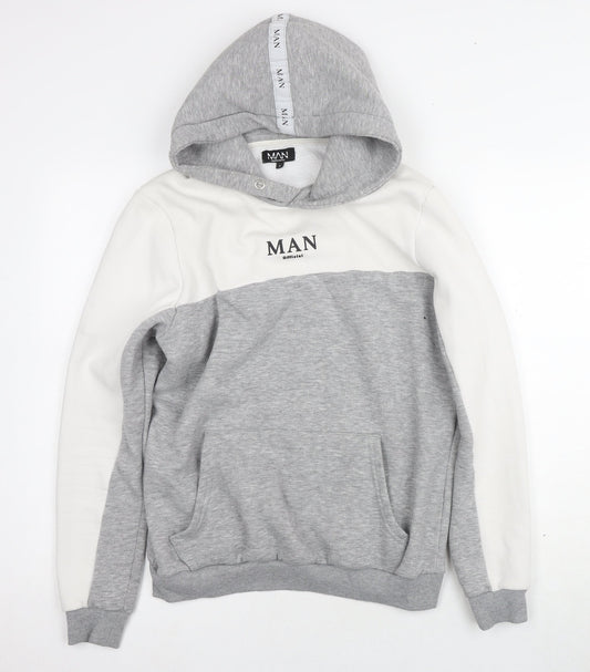boohooMAN Men's Grey Logo Pullover Hoodie S